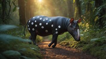 A tapir with white polka dots walking through a sunlit forest path. photo