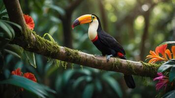 A colorful toucan perched on a mossy branch surrounded by vibrant flowers in a lush environment. photo