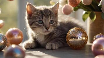 A playful kitten surrounded by decorative ornaments and flowers in a bright setting. photo