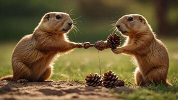 Two prairie dogs exchanging pine cones in a natural setting. photo