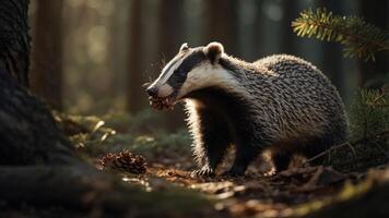 A badger foraging in a sunlit forest, showcasing its natural habitat. photo