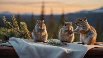 Three squirrels gather on a table, surrounded by nature at sunset. photo