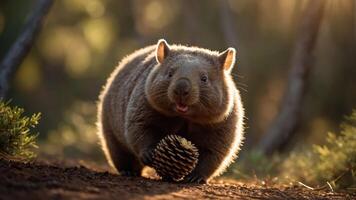 A cute wombat holds a pine cone in a sunlit forest setting. photo