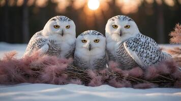 Three snowy owls perched on pink foliage in a snowy landscape at sunset. photo