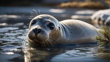 A close-up of a seal swimming in icy water, showcasing its curious expression and whiskers. photo
