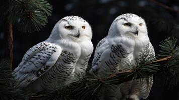 Two snowy owls perched on a pine branch, showcasing their striking plumage and gaze. photo