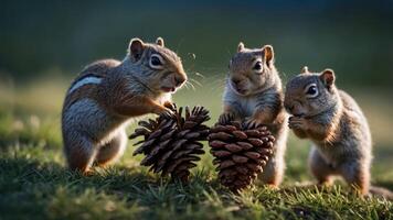 Three squirrels interacting with pine cones in a natural setting. photo