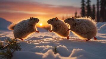 Three furry creatures play in the snow at sunset, creating a whimsical winter scene. photo