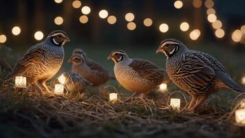 Five quails surrounded by soft lights in a serene outdoor setting. photo