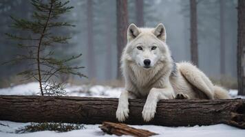 A serene white wolf resting on a log in a snowy forest setting. photo