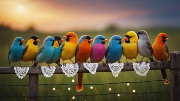 A colorful array of birds perched on a fence at sunset, creating a vibrant scene. photo