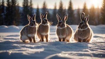 Four rabbits sitting in the snow during sunset, surrounded by trees. photo