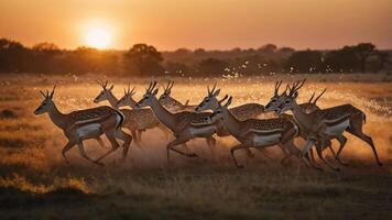 A group of antelopes running at sunset, creating a dynamic and serene wildlife scene. photo