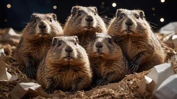 A group of six adorable rodents sitting together in a cozy setting. photo