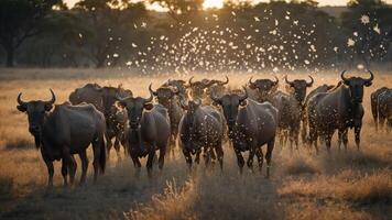A herd of buffalo moves through a sunlit field, creating a misty atmosphere. photo