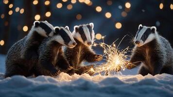 Four badgers play with a sparkler in a snowy setting, illuminated by soft lights. photo
