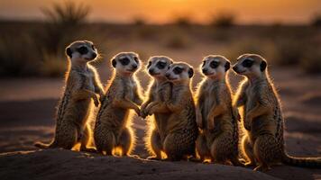 A group of meerkats standing together at sunset, creating a captivating silhouette. photo