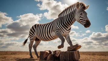 A zebra gracefully stepping on a log under a bright sky with clouds. photo