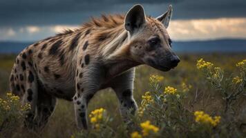 A hyena walking through a field of yellow flowers under a moody sky. photo