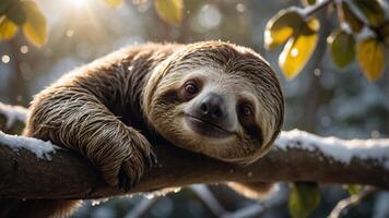 A sloth resting on a tree branch, surrounded by greenery and soft sunlight. photo