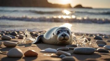 A seal resting on the beach with waves in the background during sunset. photo