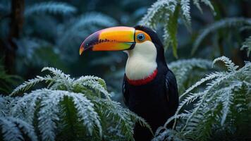 A vibrant toucan perched among lush ferns in a misty forest setting. photo