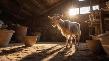 A goat stands in a sunlit barn surrounded by pottery, creating a serene atmosphere. photo