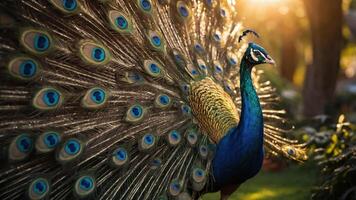 A vibrant peacock displays its colorful feathers in a serene garden setting. photo