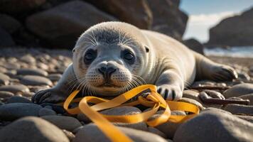 A playful seal pup rests on pebbles, entangled in a yellow ribbon, highlighting environmental issues. photo