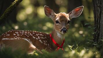 A young deer with a red ribbon rests in a serene forest setting. photo