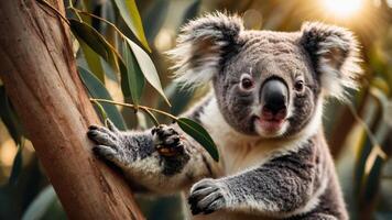 A close-up of a koala perched on a tree branch, surrounded by eucalyptus leaves. photo