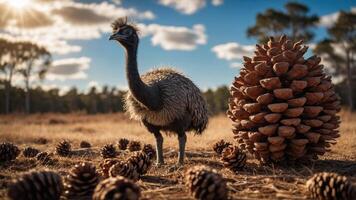 An emu stands among large pine cones in a natural landscape under a sunny sky. photo