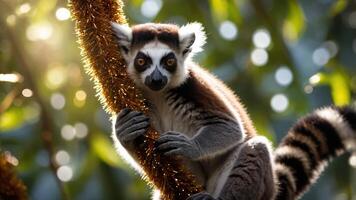 A close-up of a lemur perched on a decorative object, surrounded by a lush background. photo