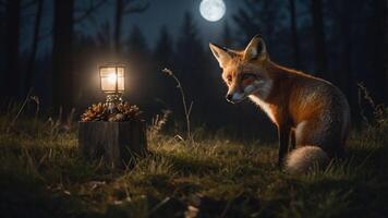 A fox sits beside a lantern in a moonlit forest, creating a serene, magical atmosphere. photo