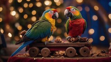 Two colorful parrots perched on a wooden cart surrounded by festive decorations. photo