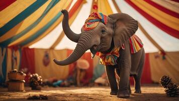 A circus-themed scene featuring a dressed elephant inside a colorful tent. photo