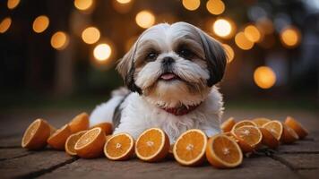 A playful dog surrounded by oranges, creating a cheerful and vibrant atmosphere. photo