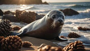 A seal resting on a sandy beach surrounded by pine cones and gentle ocean waves. photo