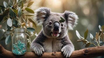 A playful koala perched on a branch beside a jar of colorful gems. photo