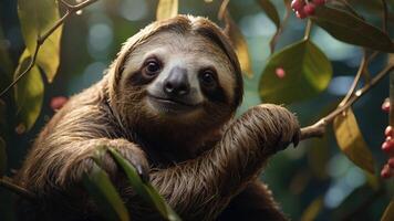 A sloth resting on a branch in a lush, green environment. photo