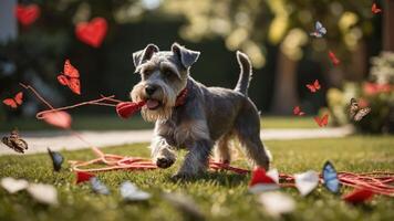 A playful dog runs in a garden, surrounded by butterflies and hearts. photo