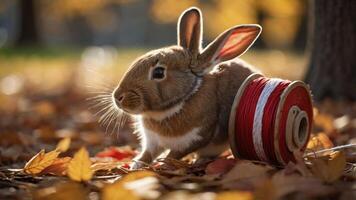 A rabbit beside a spool of red and white thread on a bed of autumn leaves. photo