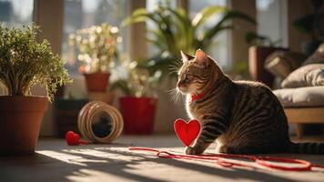 A cat sits peacefully in a sunlit room, surrounded by plants and playful decorations. photo