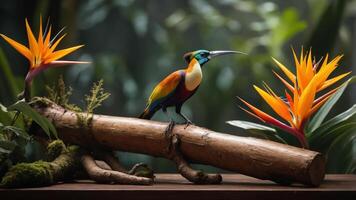A vibrant bird perched on a log surrounded by tropical flowers in a lush setting. photo