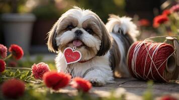 A cute Shih Tzu dog with a heart tag, surrounded by flowers and a spool of yarn. photo
