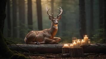 A serene deer resting in a forest setting surrounded by glowing candles. photo
