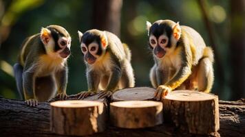 Three monkeys interact playfully on a log in a natural setting. photo