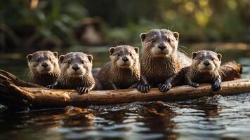 A group of five otters sitting on a log by the water, showcasing their playful nature. photo