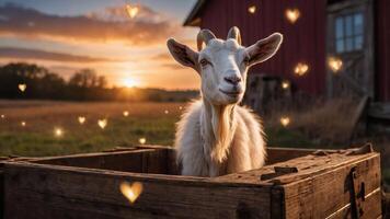A goat stands in a wooden crate during a sunset, surrounded by sparkling hearts. photo