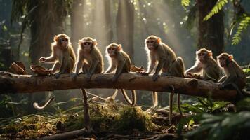 A group of monkeys sitting on a log in a sunlit forest. photo